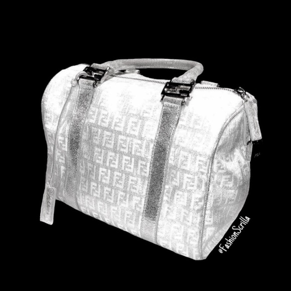 FENDI Vintage Metallic Silver - White Monogram Canvas Forever Bauletto Handbag - Picture 10 of 13